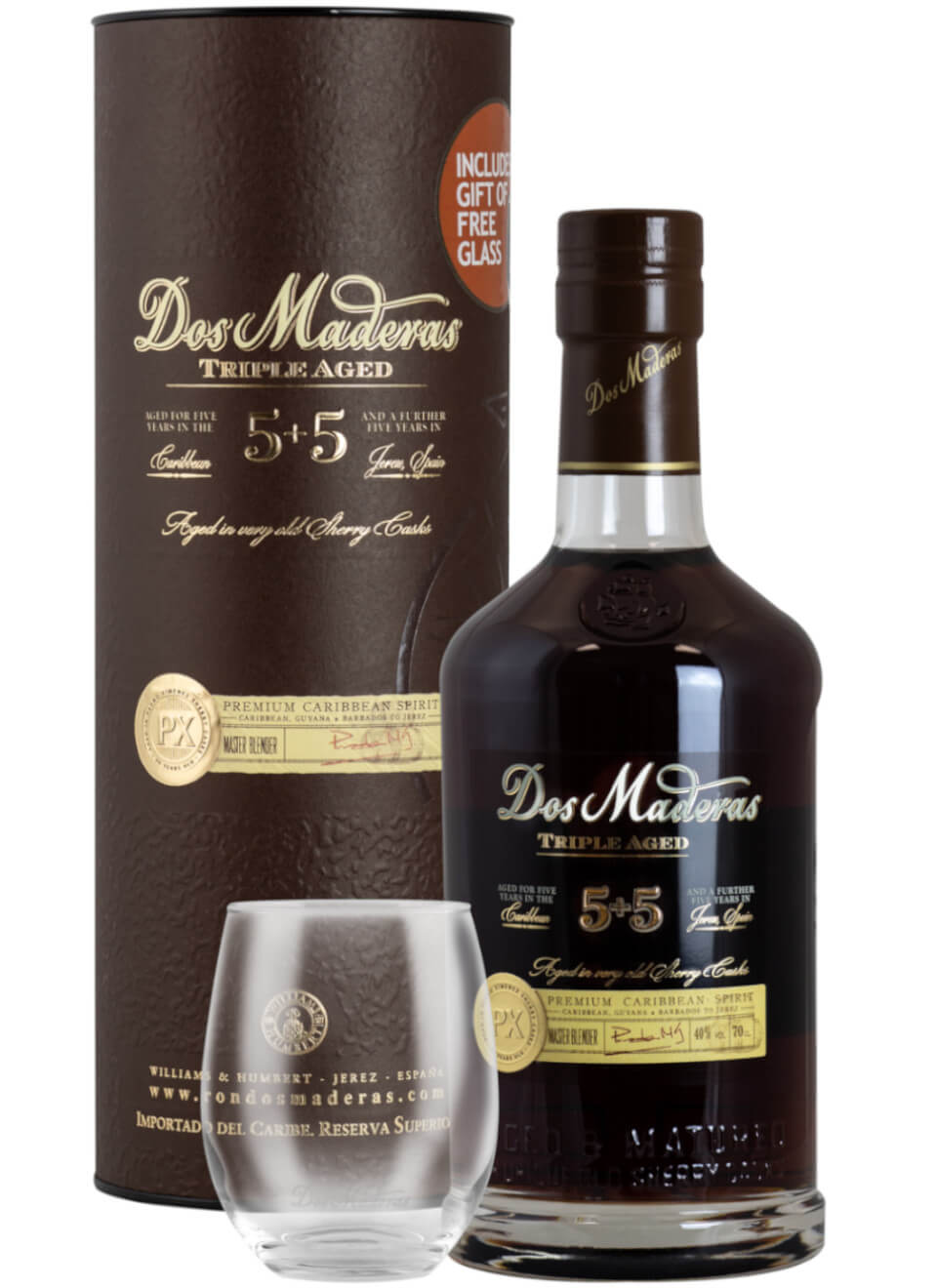 Dos Maderas PX Triple Aged 5+5 Jahre Rum 0,7 L mit Glas und Geschenkverpackung