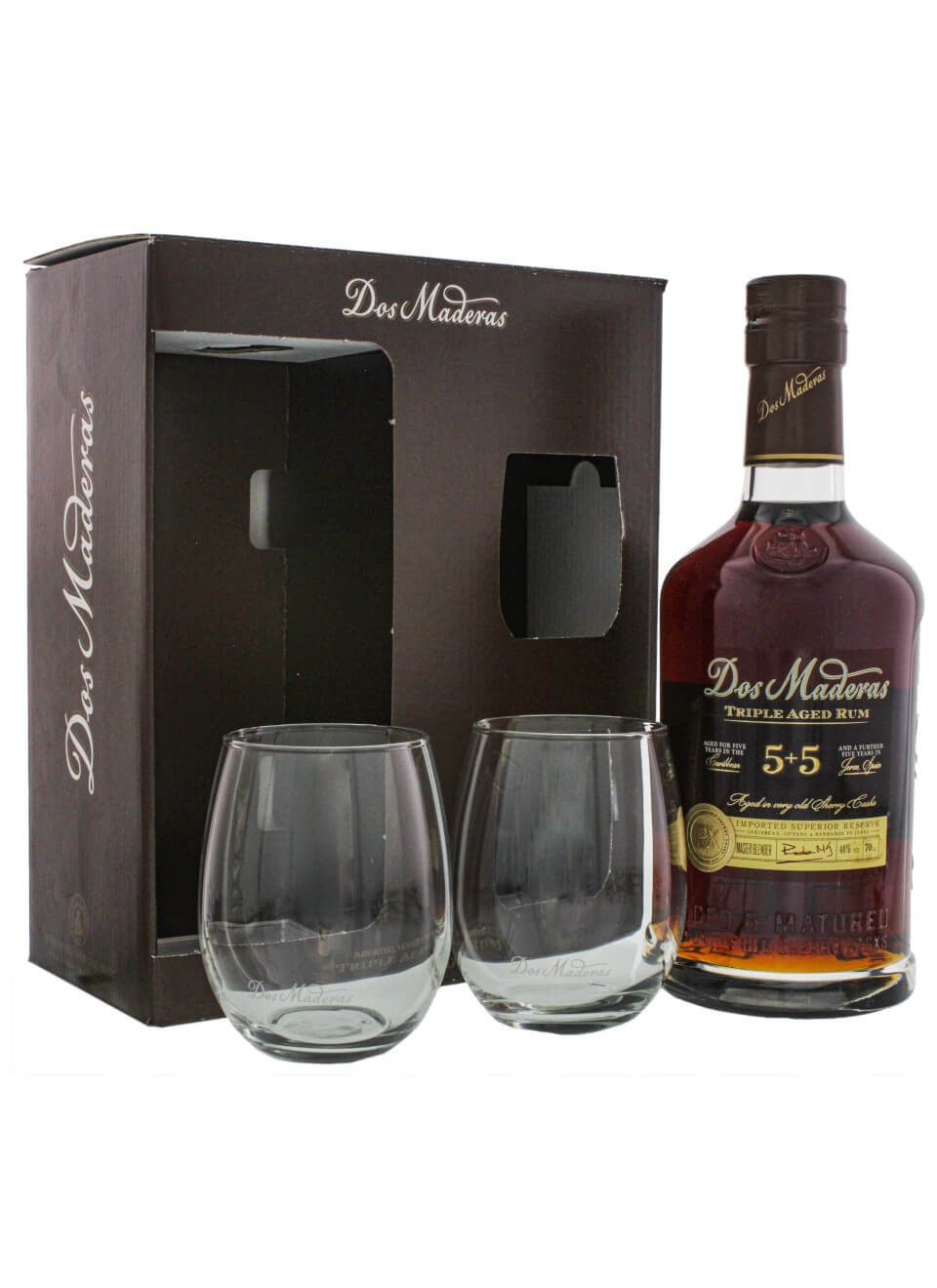 Dos Maderas PX Triple Aged 5+5 Jahre Rum 0,7 L mit zwei Gläsern und Geschenkverpackung