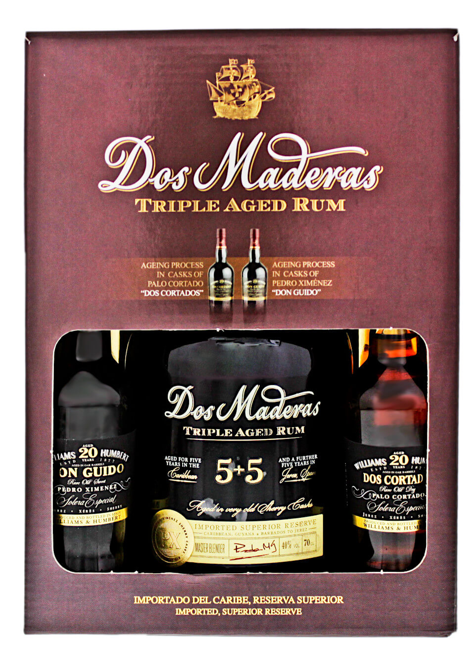 Dos Maderas PX Triple Aged 5+5 Jahre Rum mit zwei W&H Sherry Kleinflaschen 0,9 L Set