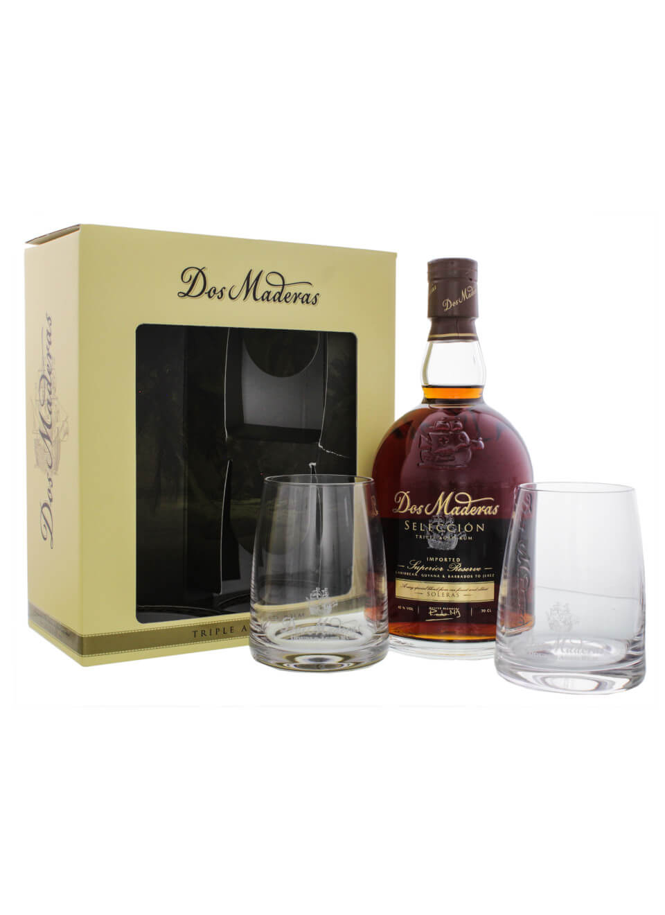 Dos Maderas Seleccion Rum 0,7 L mit zwei Gläsern und Geschenkverpackung