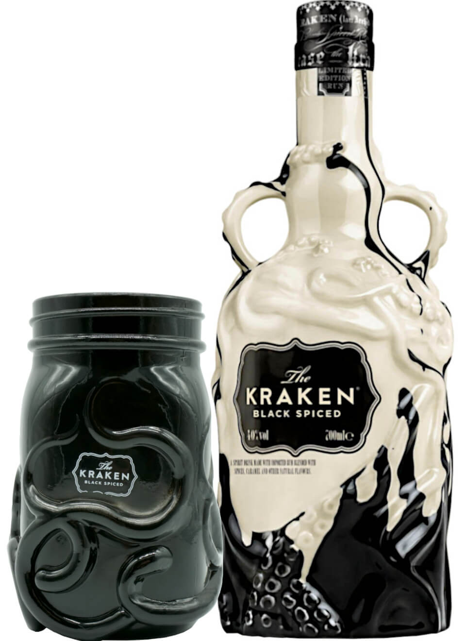 Kraken Spiced Black & White Keramik Bottle 0,7 L mit Glas