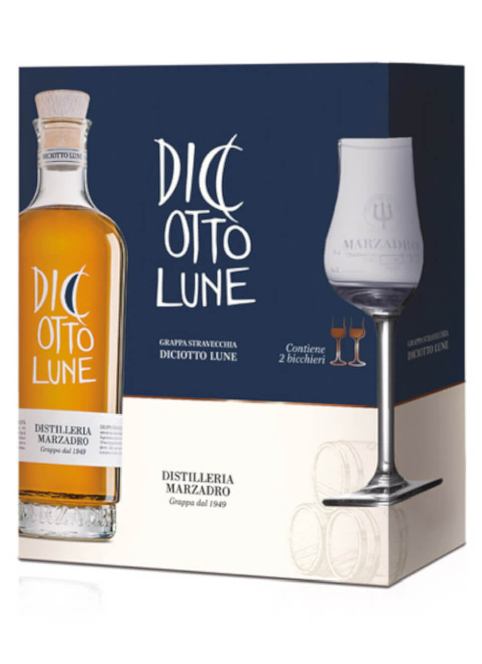 Marzadro 18 Lune Grappa mit 2 Gläsern 0,5 L