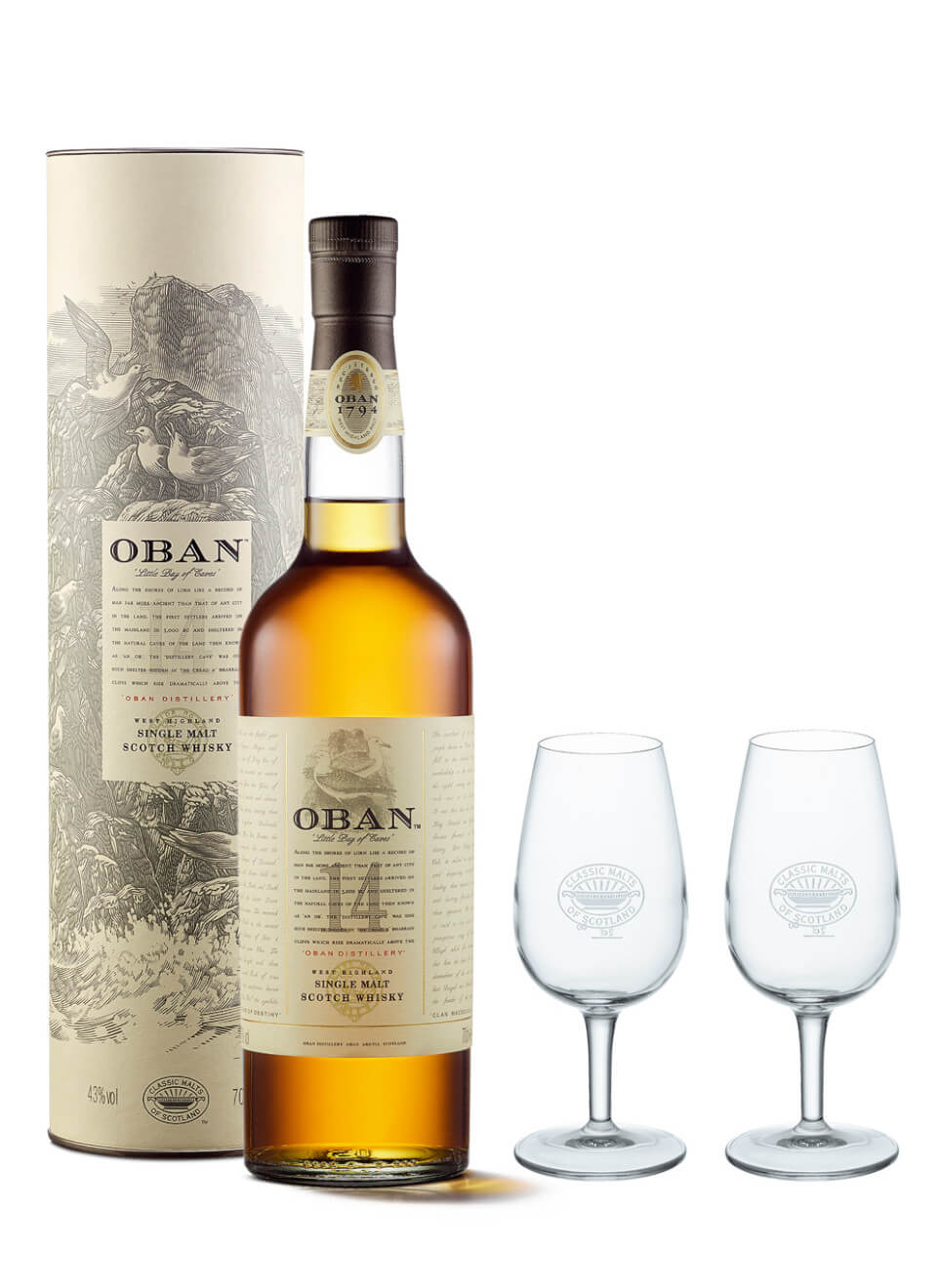 Oban 14 Years Single Malt Scotch mit 2 Classic Malt Nosing Gläsern 0,7 L